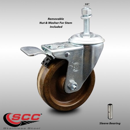 Service Caster 4 Inch SS High Temp Phenolic 3/8 Inch Threaded Stem Caster with Total Lock Brake SCC-SSTSTTL20S414-PHSHT-381615